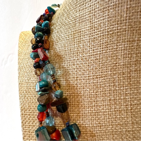 Multi-color Genuine Gemstone & Acrylic Bead Necklace, multistrand red blue brown - Picture 4 of 11